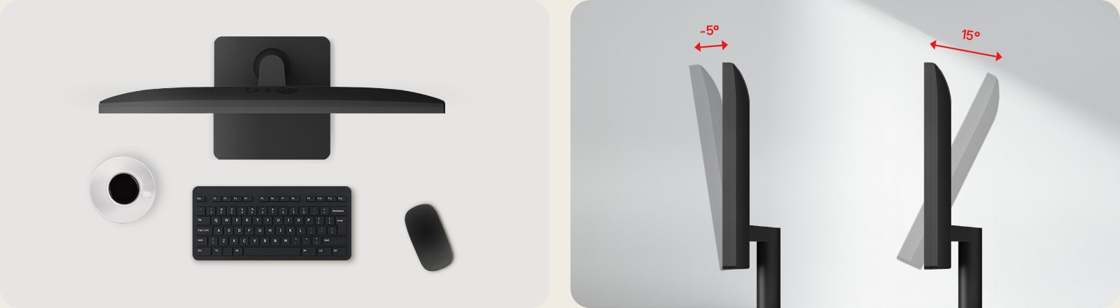 Vistas superior y lateral del monitor LG 22U403A que muestran su diseño limpio y eficiente en el espacio y su rango de inclinación ajustable de -5° a 15° para una comodidad de visualización ergonómica.