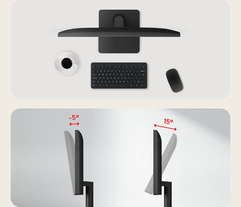 Vistas superior y lateral del monitor LG 22U403A que muestran su diseño limpio y eficiente en el espacio y su rango de inclinación ajustable de -5° a 15° para una comodidad de visualización ergonómica.