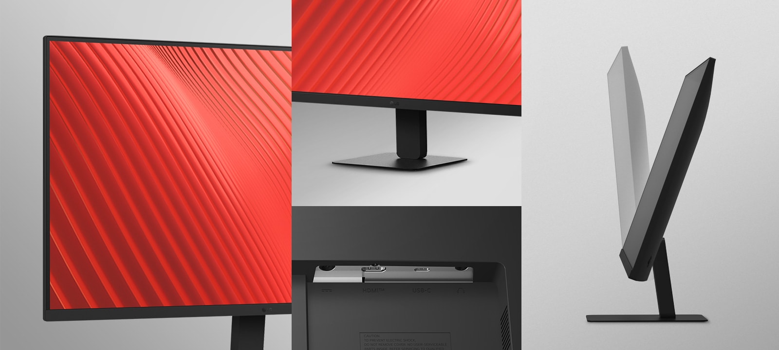 The image shows slim bezel on three sides, a sleek stand, various ports, and the tilt view of the monitors.