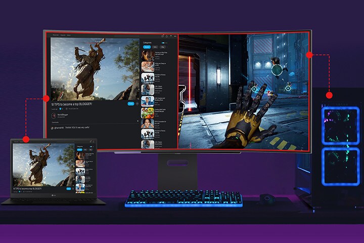 Skærm opdelt mellem henholdsvis bærbar computer og PC.