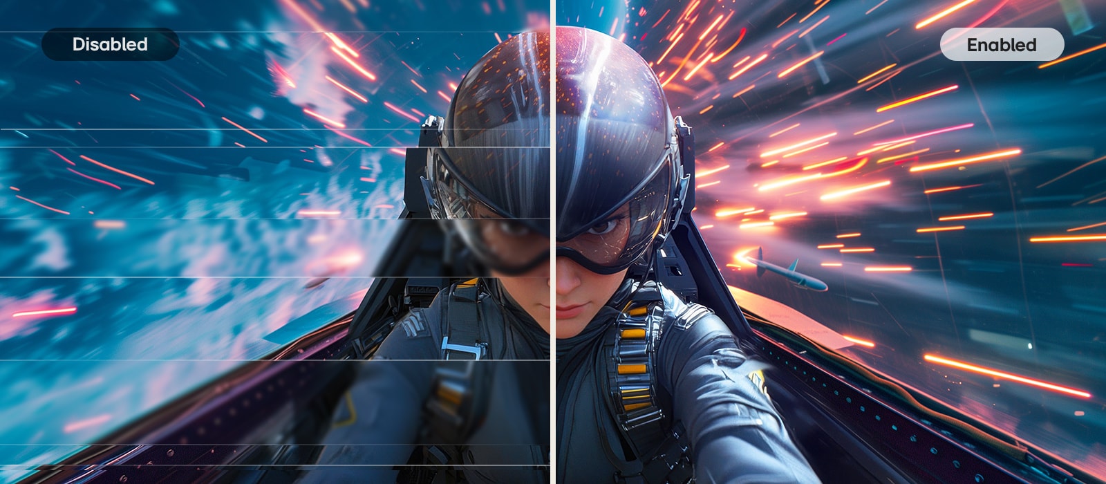 La imagen muestra una comparación en pantalla dividida de imágenes de juegos con tecnología de sincronización deshabilitada a la izquierda y habilitada a la derecha. A la izquierda, la vista del piloto desde un avión futurista está distorsionada con desgarros y tartamudeos, mientras que a la derecha la misma escena aparece suave y fluida con brillantes estelas de movimiento. El encabezado dice "Certificado con una tecnología ampliamente adoptada", destacando la certificación AMD FreeSync™ Premium y NVIDIA® G-SYNC® Compatible.