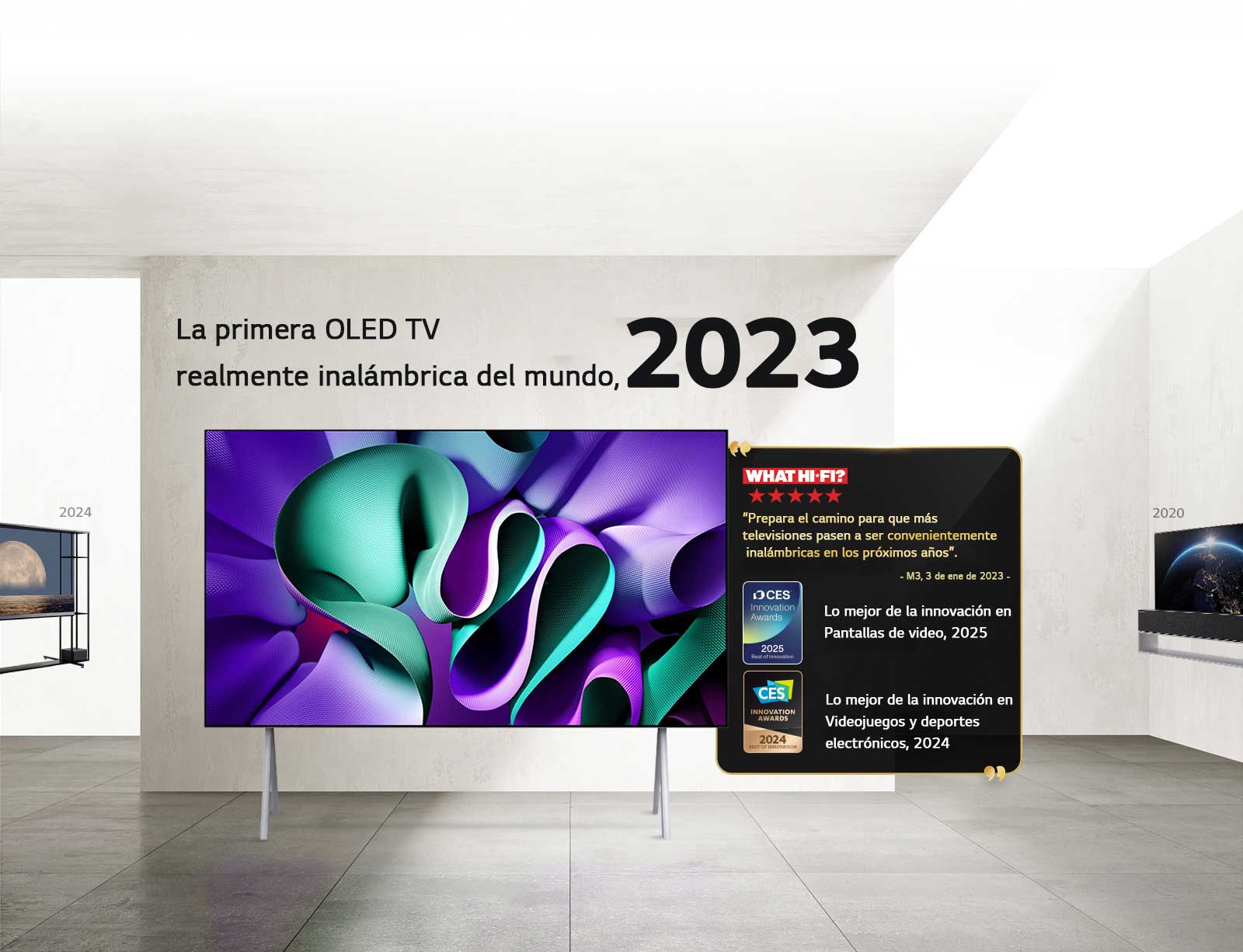 LG TV. El título dice: La primera OLED TV con tecnología True Wireless del mundo, 2023. Junto a él, las menciones de los premios. What Hi-Fi prepara el camino para que más televisiones pasen a ser convenientemente inalámbricas en los próximos años. Lo mejor de la innovación en Pantallas de video 2025 y Lo mejor de la innovación en Videojuegos y deportes electrónicos 2024, premios CES Innovation Awards.