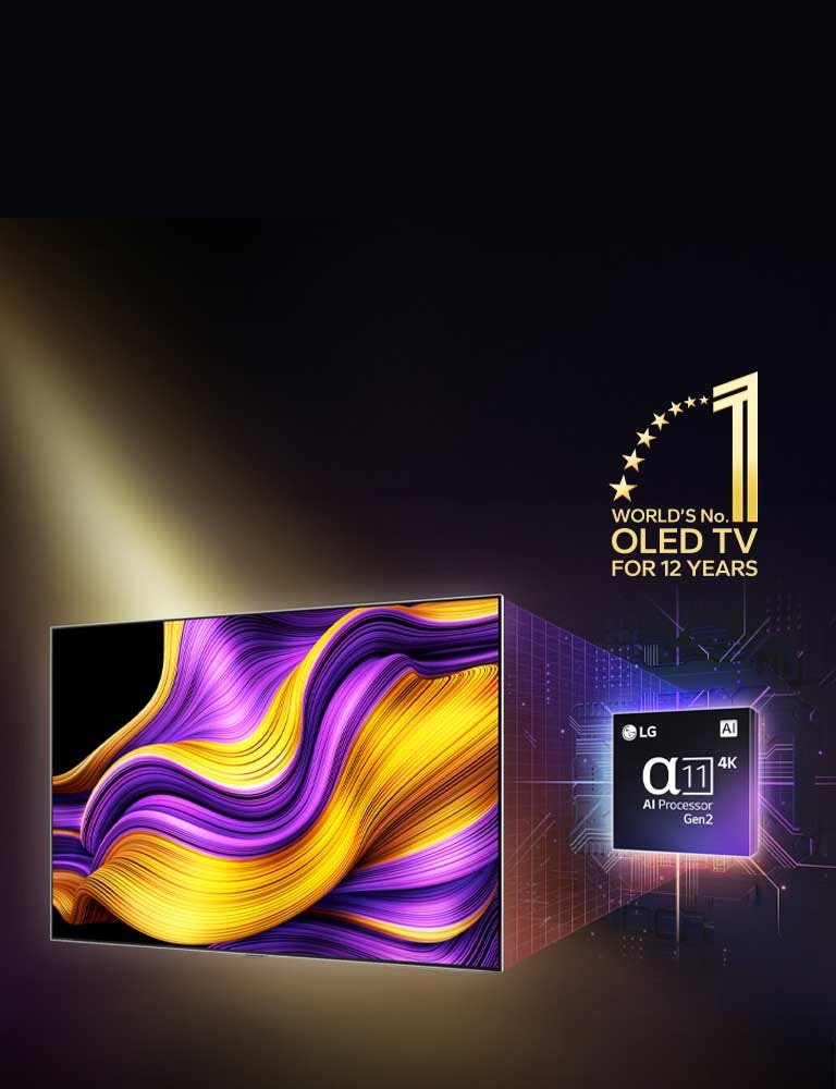 Una LG OLED TV con una obra de arte abstracta y colorida en su pantalla, con el procesador Alpha 11 AI de 2.ª generación destacado por detrás. Luces brillantes emergen del procesador y de la TV, resaltando su avanzada tecnología. También se observa el emblema “OLED TV, número uno del mundo durante 12 años”.