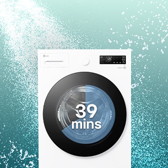 Hay un cachorro en el suelo de la sala de estar y hay un icono y un producto de lavadora en la parte superior.