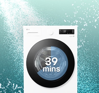 Hay un cachorro en el suelo de la sala de estar y hay un icono y un producto de lavadora en la parte superior.