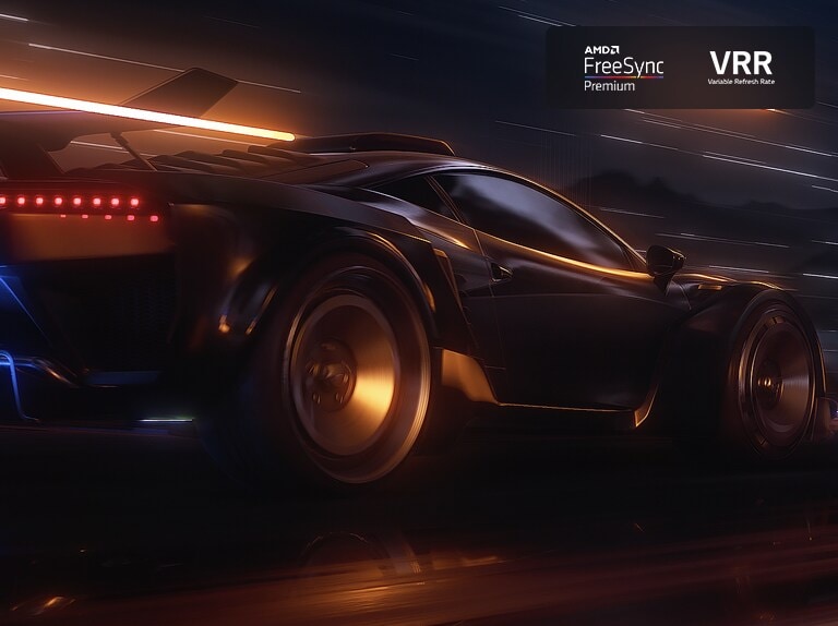 Una escena borrosa de un coche conduciendo rápido en un juego de carreras. La escena se refina, lo que da como resultado una acción fluida y clara. Logotipo de FreeSync Premium Pro y logotipo de VRR en la esquina superior derecha.