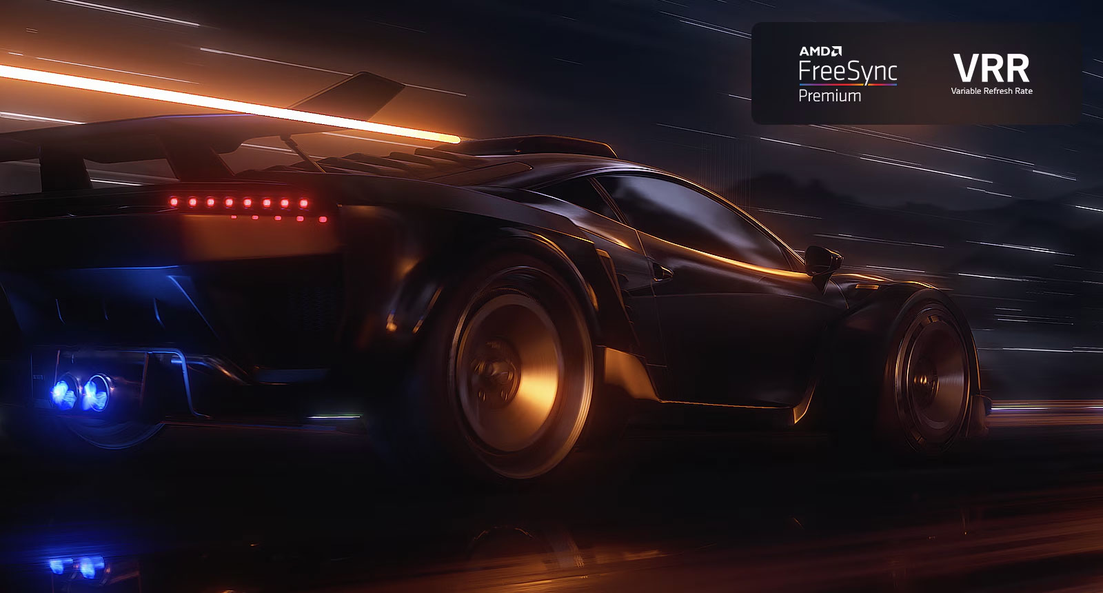 Una escena borrosa de un coche conduciendo rápido en un juego de carreras. La escena se refina, lo que da como resultado una acción fluida y clara. Logotipo de FreeSync Premium Pro y logotipo de VRR en la esquina superior derecha.