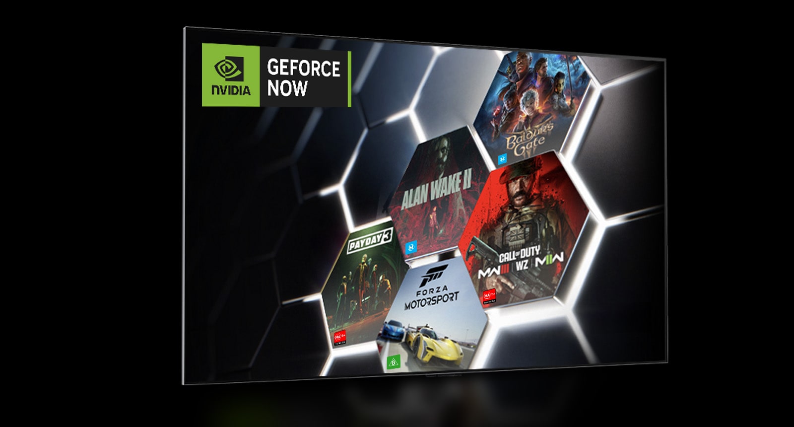 Una imagen de la pantalla de inicio de Boosteroide que muestra "Trine 4: The Nightmare Price". Una pantalla de inicio de GeForce NOW que muestra cinco miniaturas de juegos diferentes a la derecha.