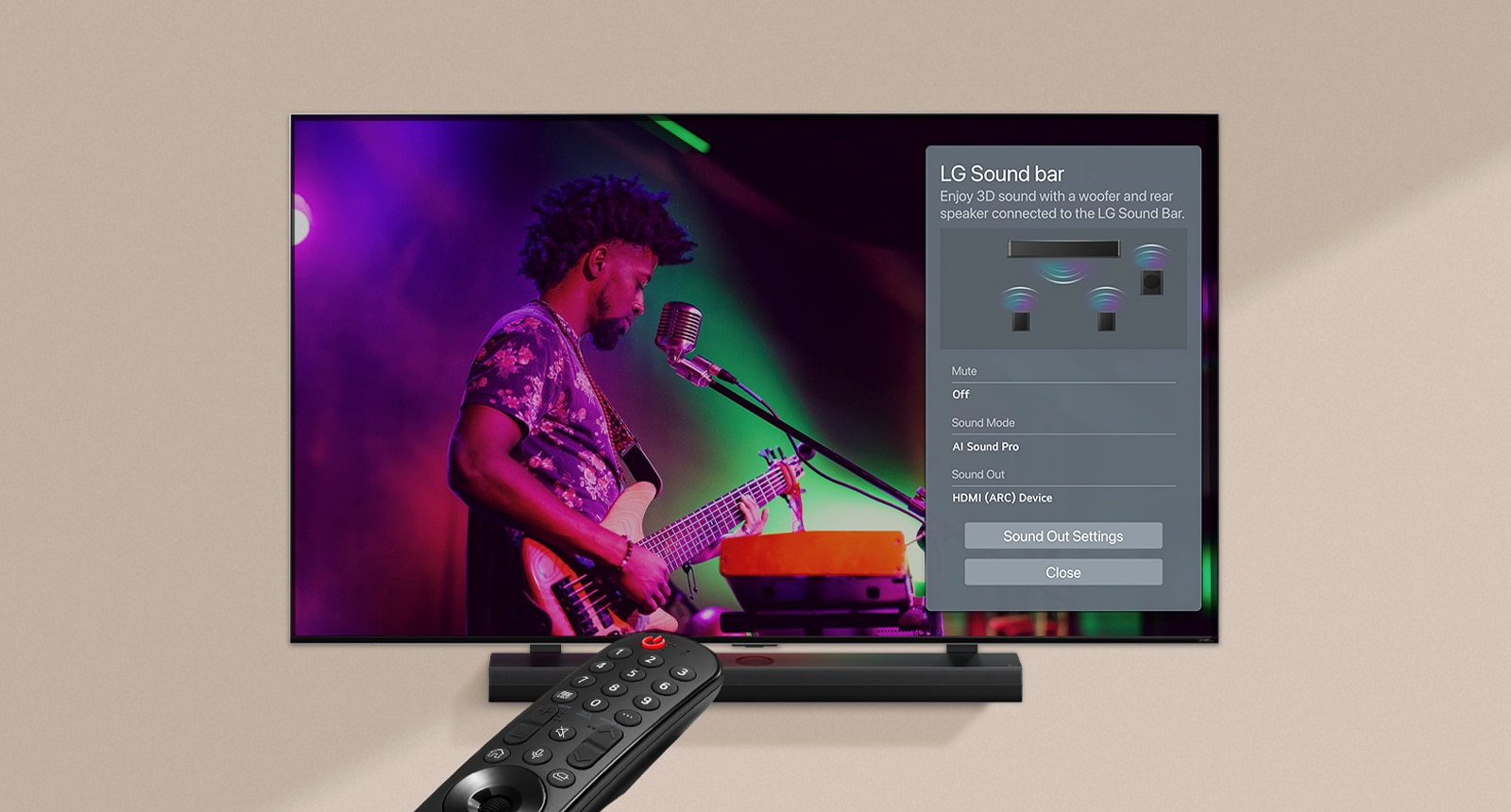 A remote control pointed at an LG TV showing settings on the right side of the screen.