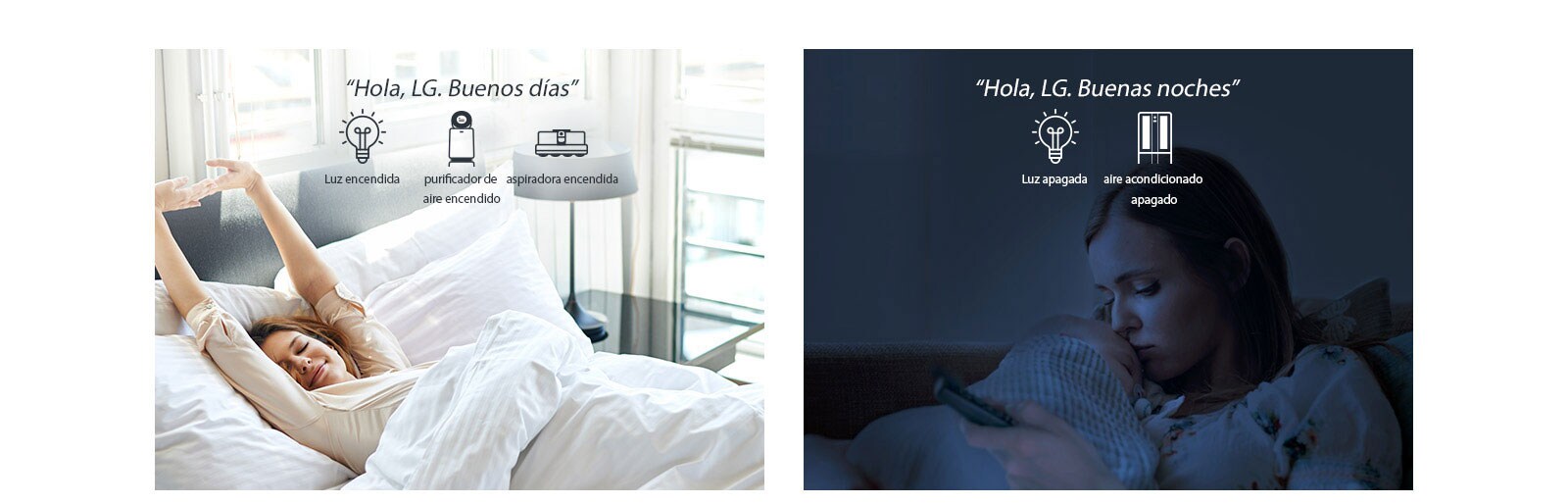 Una mujer en la cama que se despierta por la mañana (izquierda) y con un bebé por la noche (derecha)