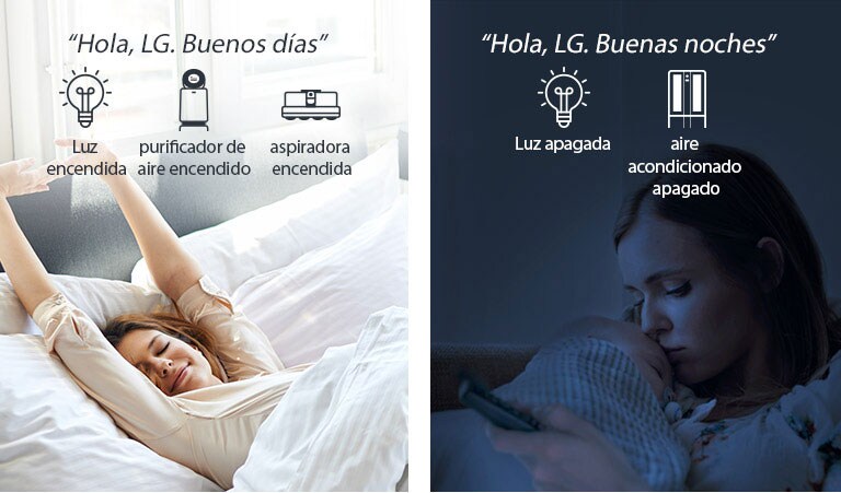 Una mujer en la cama que se despierta por la mañana (izquierda) y con un bebé por la noche (derecha)