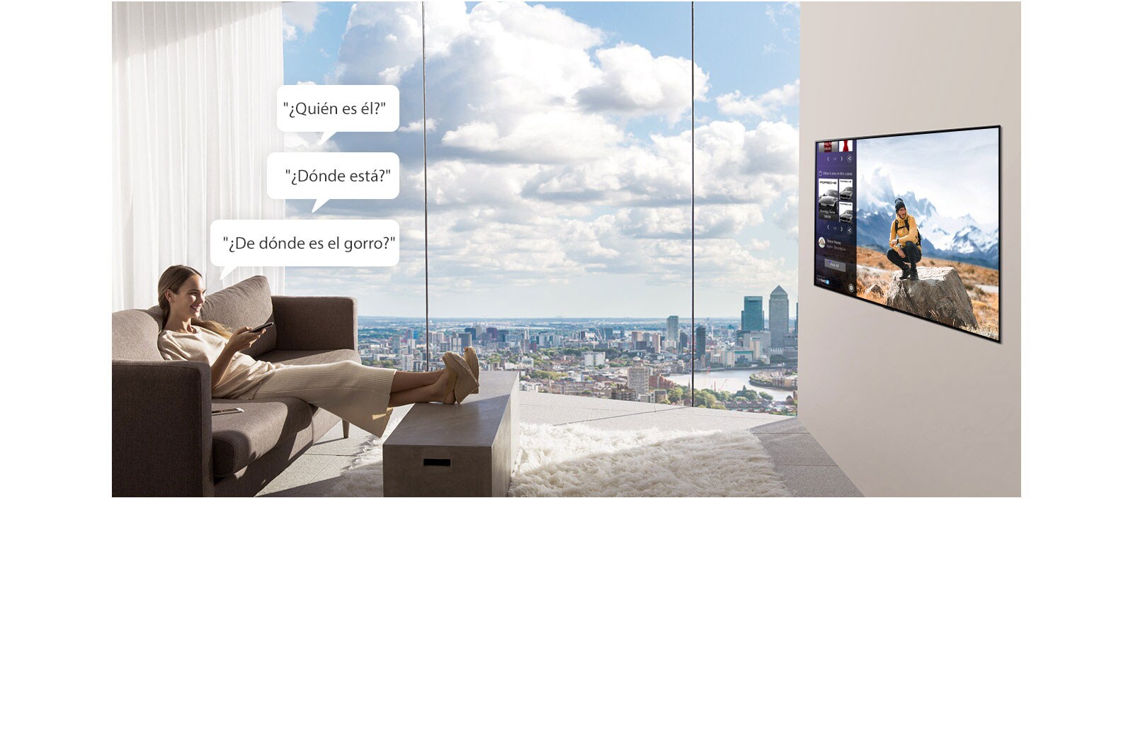 Una mujer mirando y preguntando a la TV