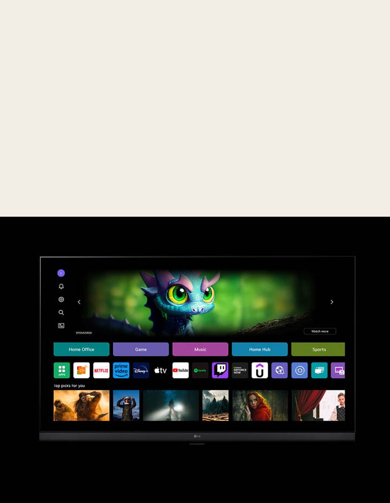 La pantalla de inicio de webOS con un cursor hace clic en la inicial en la esquina superior izquierda y cambia a otro perfil.