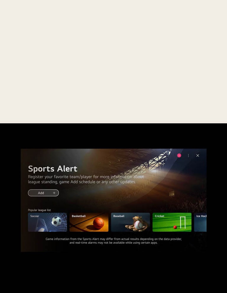 Pantalla de inicio webOS y el cursor hace clic en la tarjeta rápida de juego y luego en la tarjeta rápida de deportes, las cuales conducen a pantallas con contenido relacionado.