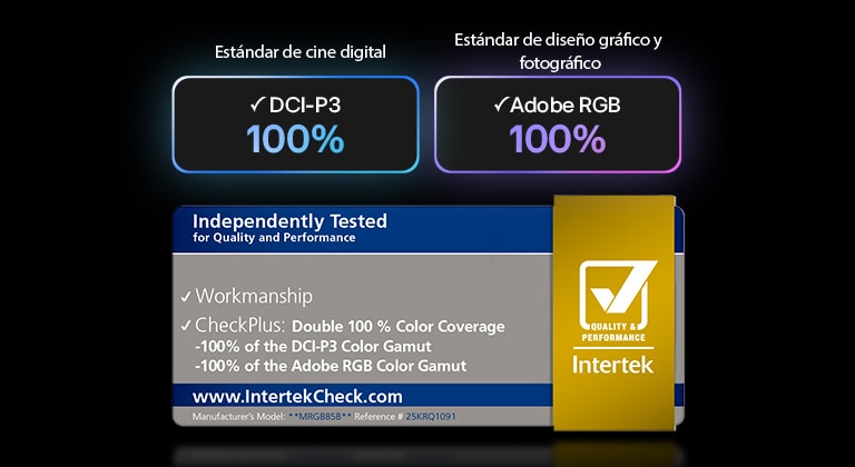 LG Mini RGB evo AI MRGB85, con RGB Primary Color Pro, ofrece una cobertura de color del 100 % de DCI-P3 y Adobe RGB, certificado por Intertek.
