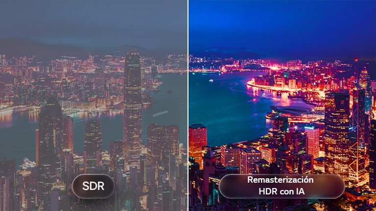 En la LG Mini RGB evo AI MRGB85 con AI HDR Remastering se muestra una comparación dividida de un paisaje urbano, con SDR a la izquierda y AI HDR Remastering a la derecha, mostrando luces urbanas más brillantes, un contraste más profundo y detalles más vívidos en toda la escena.