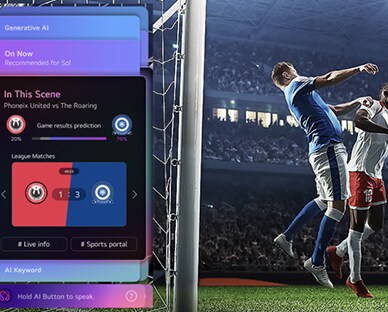 La LG Mini RGB evo AI MRGB85 con TruMotion destaca la fluidez de movimiento en una escena de futbol con pantalla dividida, contrastando la acción borrosa con TruMotion desactivado y el movimiento nítido y claro con TruMotion activado para enfatizar la claridad en los deportes rápidos.