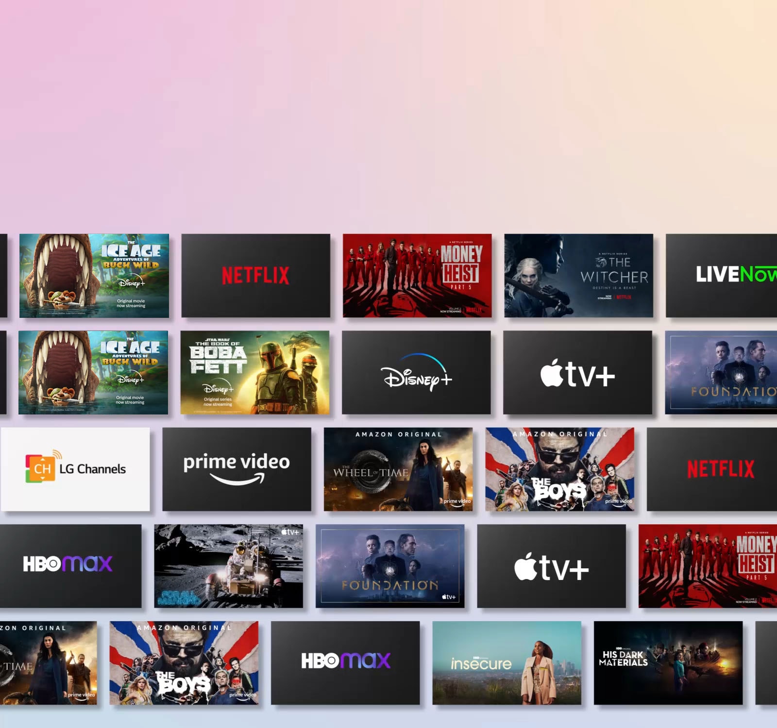 Las filas de contenido OTT se desplazan lateralmente mientras se muestra el logotipo del proveedor OTT y las miniaturas del contenido ofrecido.