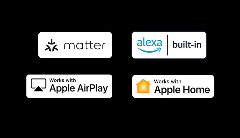 Logotipo de alexa integrada<br>Logotipo de funciona con Apple AirPlay<br>Logotipo de funciona con Apple Home