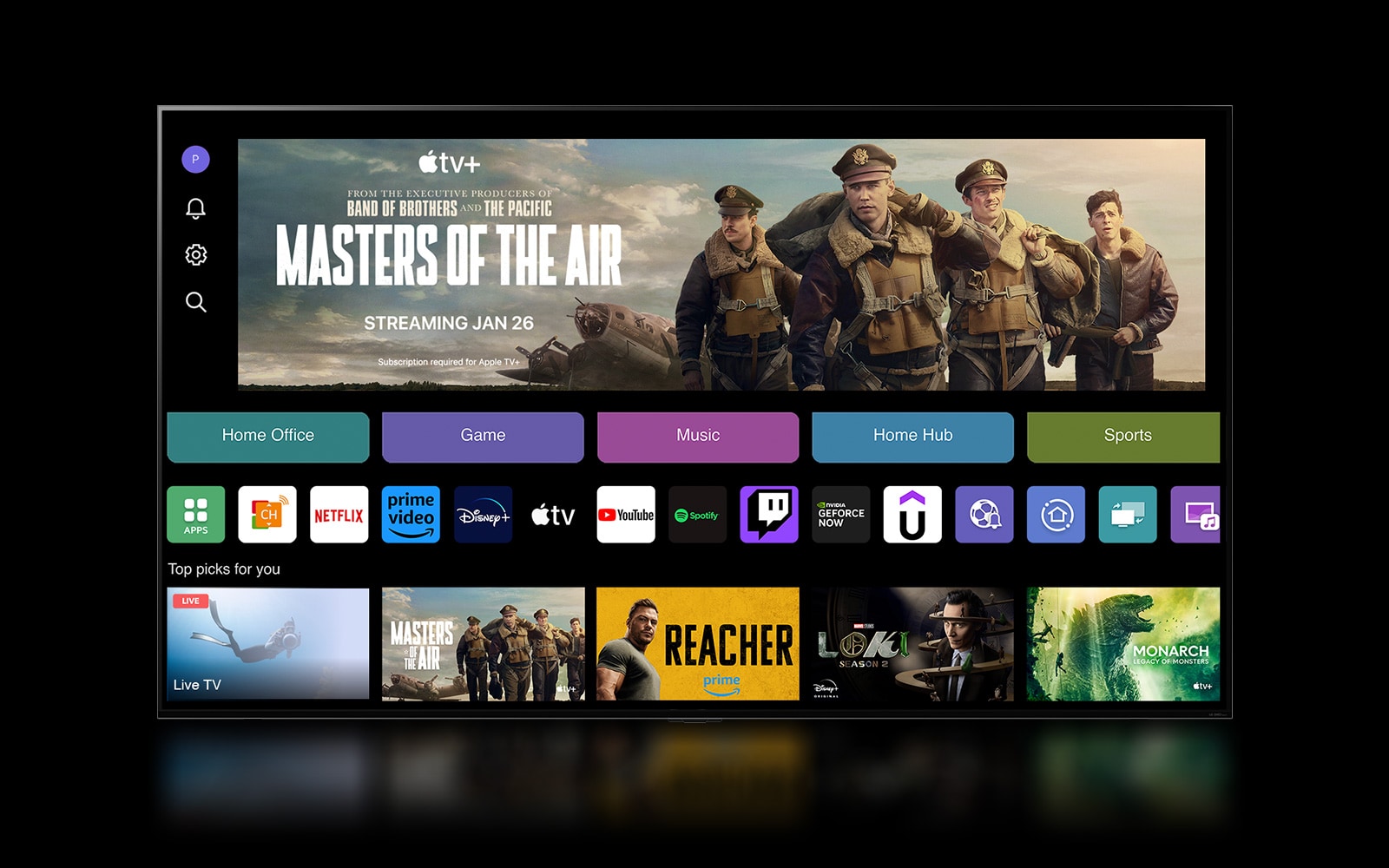 Pantalla de inicio de webOS 24 con Home Office, Juegos, Música, Home Hub y Categorías de deportes. La parte inferior de la pantalla muestra recomendaciones personalizadas en "Mejores opciones para usted".	