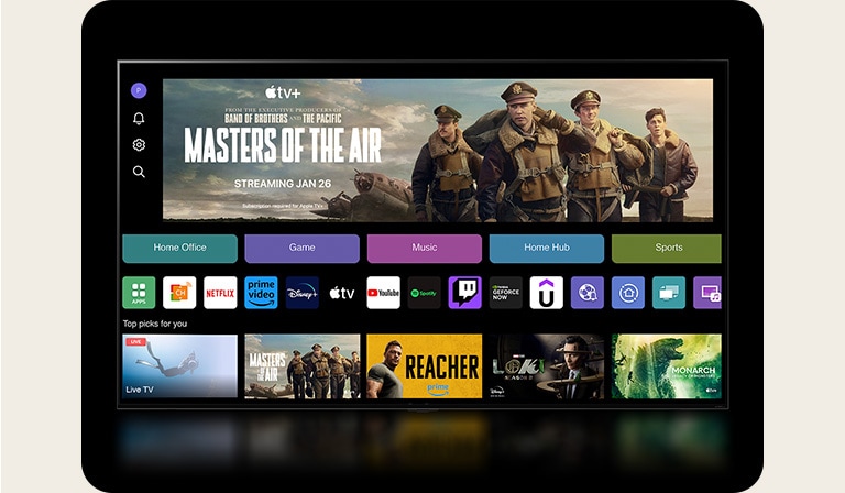 Pantalla de inicio de webOS 24 con Home Office, Juegos, Música, Home Hub y Categorías de deportes. La parte inferior de la pantalla muestra recomendaciones personalizadas en "Mejores opciones para usted".	