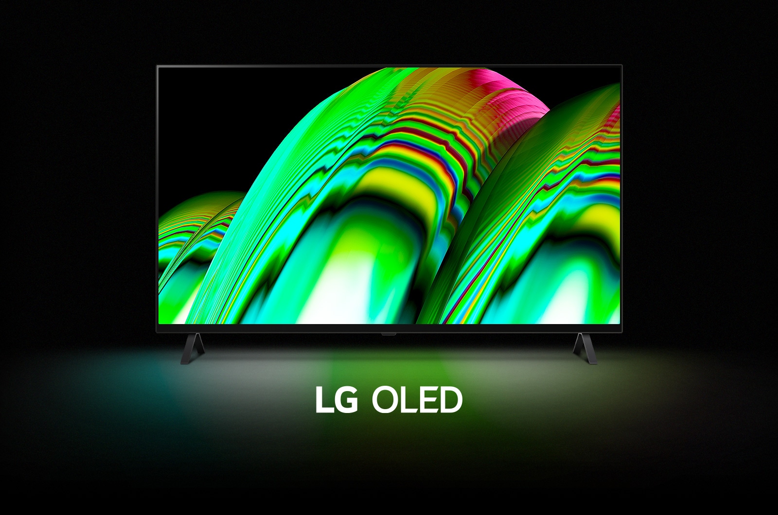 Un patrón abstracto de onda verde llena la pantalla y luego se aleja gradualmente para revelar el LG OLED A2. La pantalla se vuelve negra y luego muestra el patrón de onda nuevamente con las palabras "LG OLED" debajo.