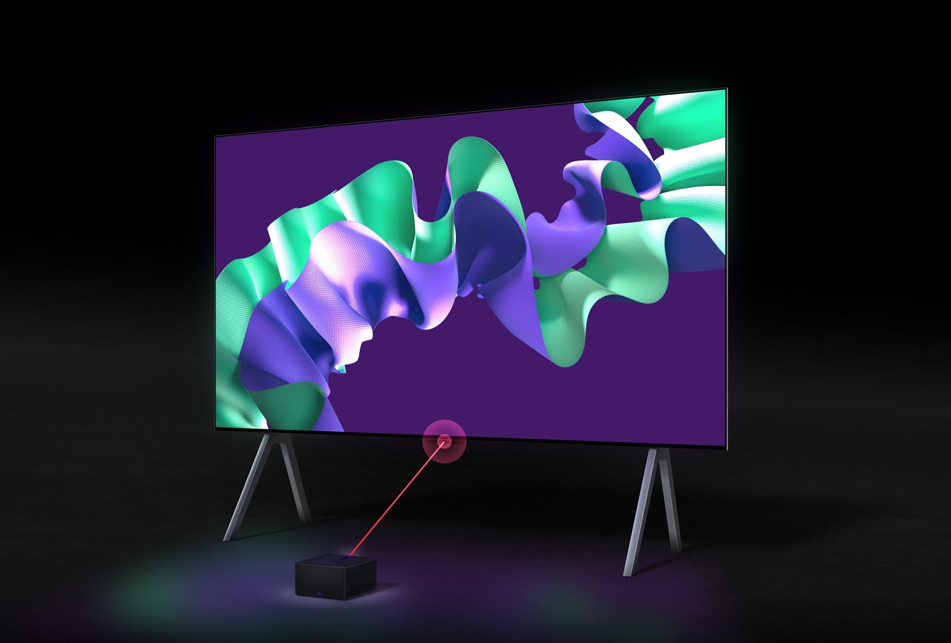 El LG OLED evo M4 muestra un arte abstracto en morado y menta en la pantalla, luego el televisor se desplaza hacia atrás y rota en un ángulo de 45 grados, revelando una Zero Connect Box frente a un televisor. Una señal Wi-Fi roja aparece y se emite un haz rojo hacia el televisor y emanan círculos rojos. Los colores morado y menta se reflejan debakp deñ TV.