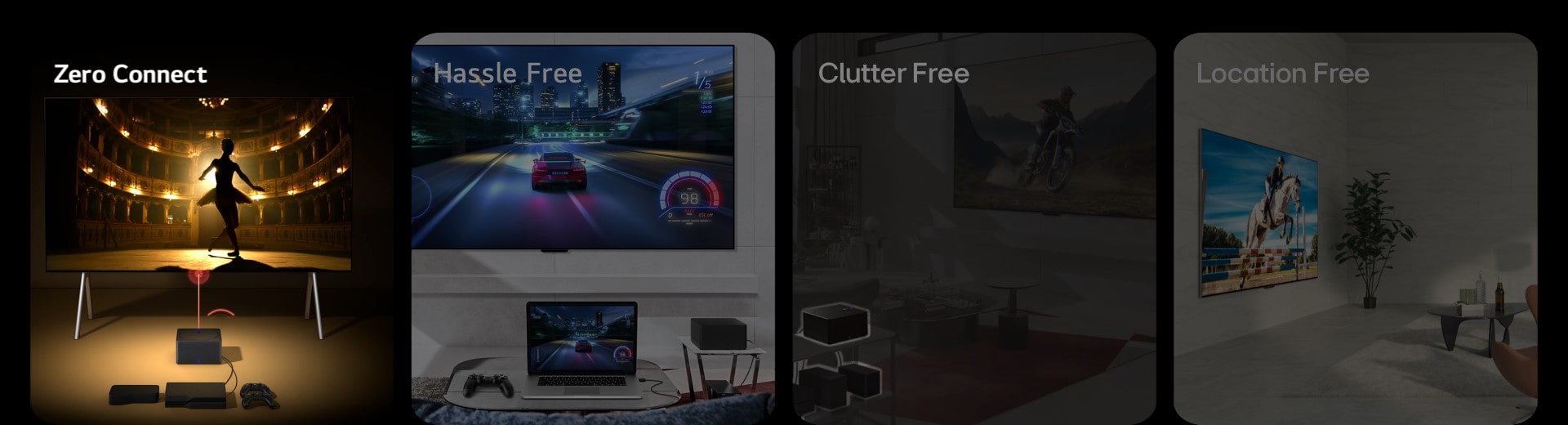 Se muestran cuatro imágenes. La primera muestra una Zero Connect Box ubicada frente a un LG OLED evo M4 en el que aparece un bailarín en un teatro en la pantalla y las palabras “Zero Connect” arriba a la izquierda. La segunda muestra un juego de autos de carrera en el LG OLED evo M4 colgado a la pared y en un laptop en una sala de estar, con una Zero Connect Box a un lado y las palabras “Sin complicaciones” arriba a la izquierda. La tercera muestra una Zero Connect Box con varios dispositivos debajo destacados en la imagen oscurecida de una sala de estar y las palabras “Sin desorden” arriba a la izquierda. La cuarta muestra un LG OLED evo M4 dentro de una perspectiva inclinada montado sobre una pared y las palabras “Sin ubicación fija” arriba a la izquierda.