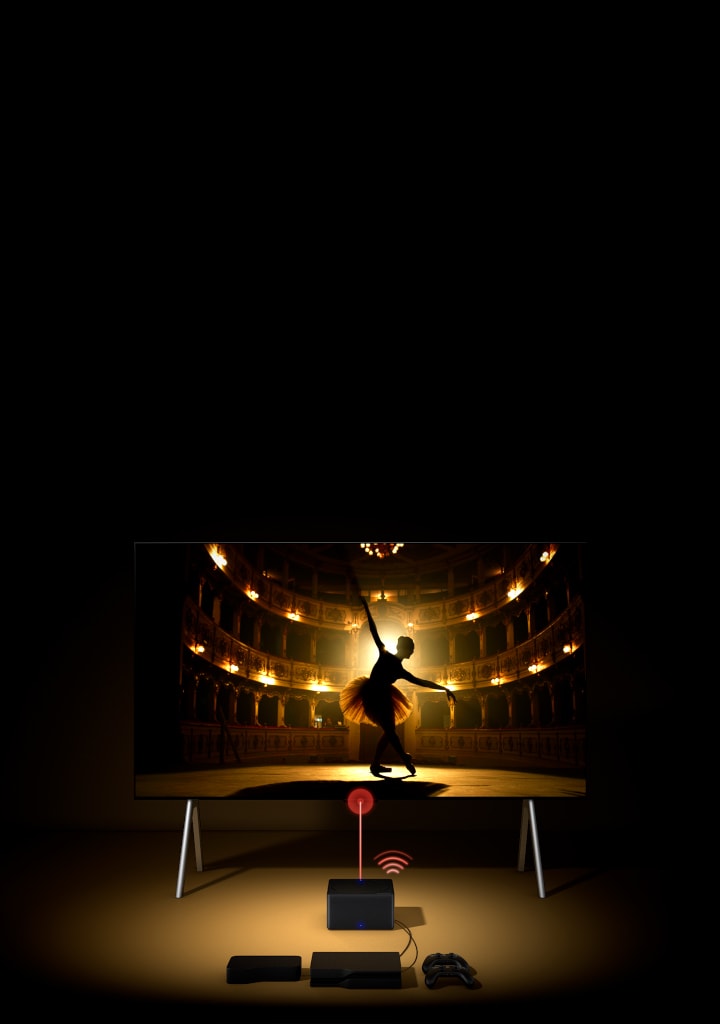 Un LG OLED evo M4 desde un gran ángulo con varias consolas y dispositivos conectados a él por cables que se ven desordenados antes de desaparecer. Una Zero Connect Box aparece con dispositivos bien organizados y consolas detrás, una señal de Wi-Fi roja aparece y un haz rojo se emite hacia el televisor mientras la perspectiva se desplaza hacia abajo para mostrar una vista completa del televisor.