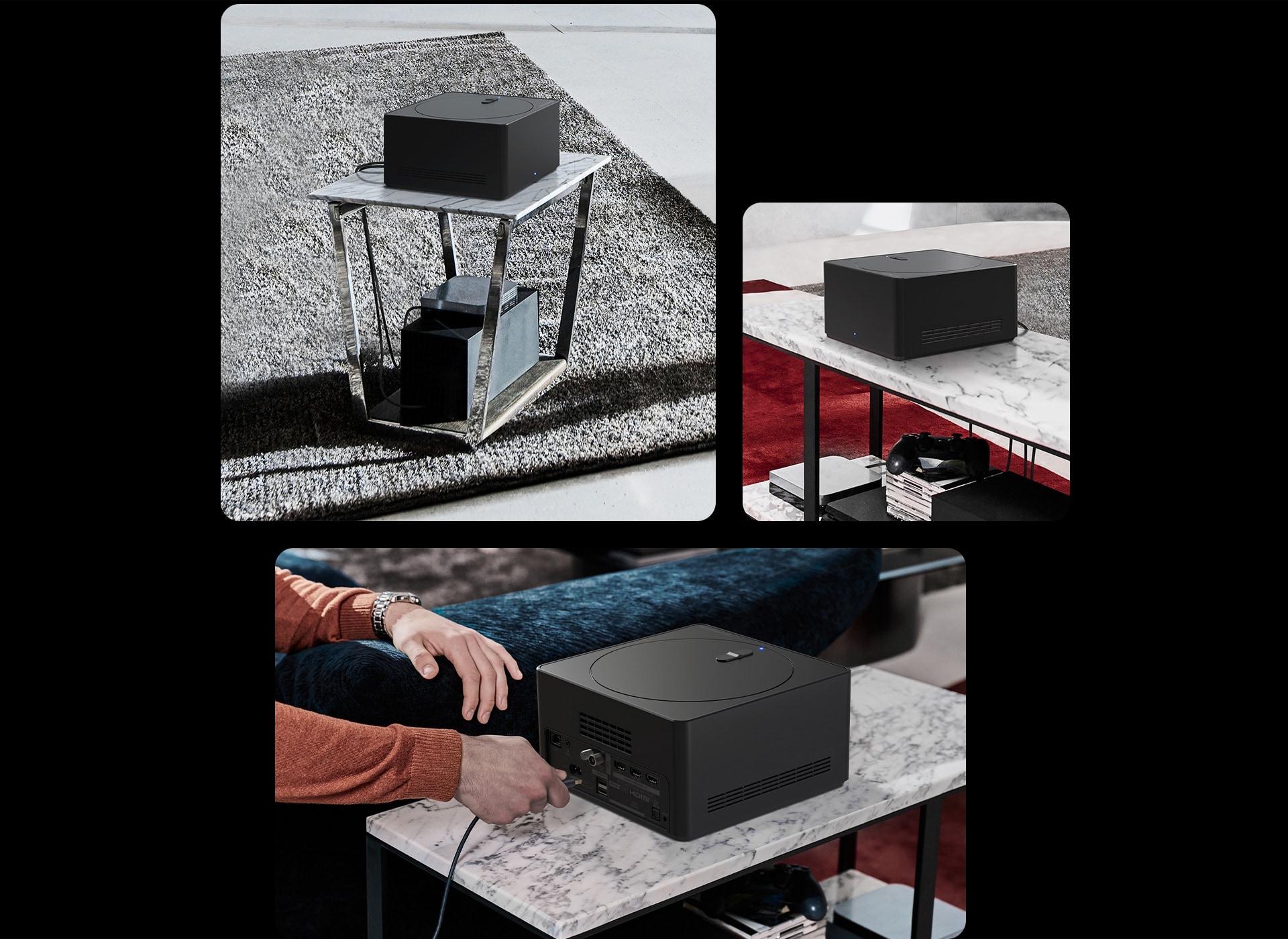 Tres imagenes que muestran una Zero Connect Box. La primera muestra un cable siendo conectado a la Zero Connect Box. La segunda muestra una Zero Connect Box sobre una mesa pequeña con dispositivos debajo. La tercera muestra una Zero Connect Box sobre una mesa grande con dispositivos y consolas debajo.