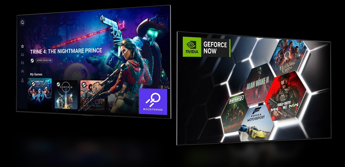 Una imagen de pantalla de inicio de Boosteroid mostrando “Trine 4: The Nightmare Price" a la izquierda. Una pantalla de inicio de GeForce NOW mostrando cinco miniaturas de juego diferentes a la derecha.