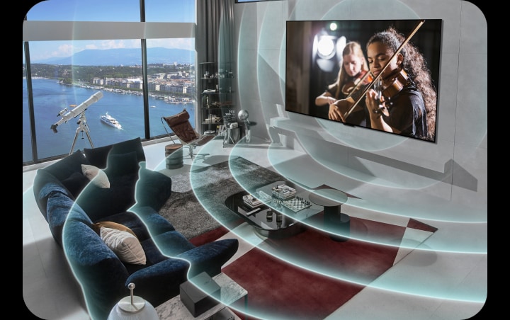 Un LG OLED evo M4 en un departamento citadino moderno. Una superposición de cuadrícula aparece sobre la imagen como un escaneo del espacio, y luego ondas de sonido azul se proyectan desde la pantalla, rellenando perfectamente la habitación con sonido.