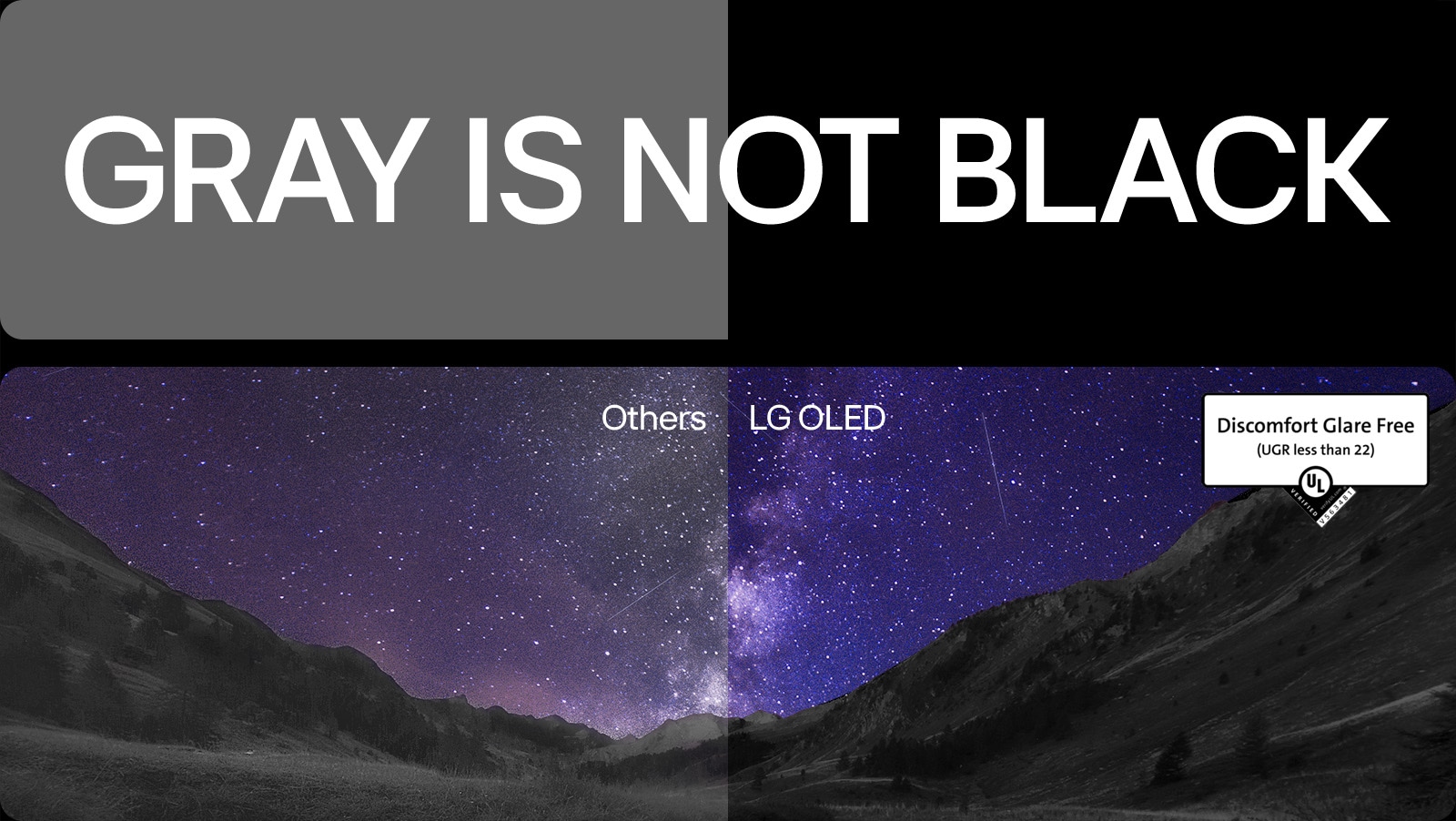 La vía láctea cubre el cielo nocturno sobre la escena de un desfiladero. Sobre la imagen, “gris no es negro” está escrito en mayúsculas blancas en negrita contra un fondo negro. La pantalla se divide en dos partes, una marcada con “Otros” y la otra “LG OLED”. El otro lado es claramente más ténue y bajo en contraste, mientras que el lado de LG OLED es brillante con alto contraste. El lado LG OLED además presenta la certificación Discomfort Glare Free.
