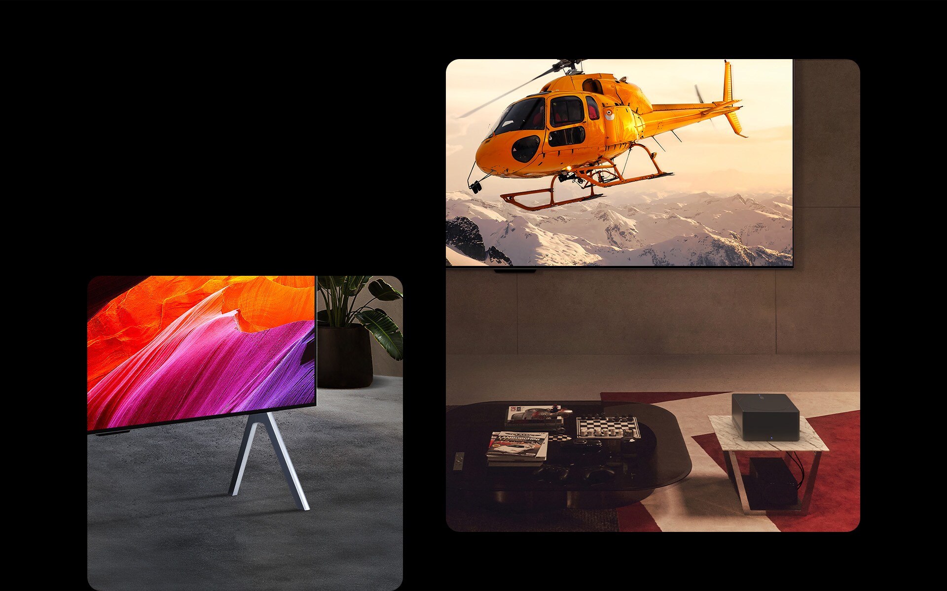 A la izquierda, un primer plano de un LG OLED evo M4 en una perspectiva inclinada, pegado a una pared de mármol, que muestra cómo se funde con la pared. A la derecha, un LG OLED evo M4 pegado a la pared y una Zero Connect Box colocada delante de dispositivos ordenados debajo.