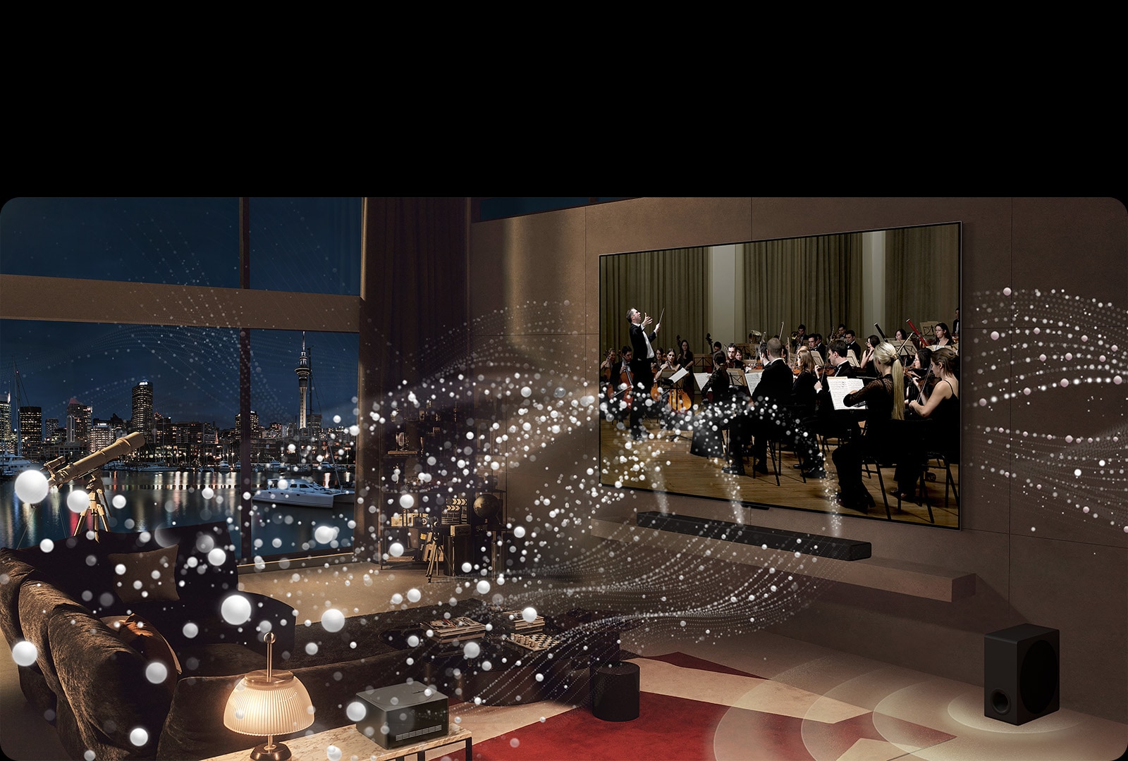 Se reproduce un concierto en el LG OLED evo M4 y se emiten círculos blancos del televisor y la LG Soundbar por la habitación. 