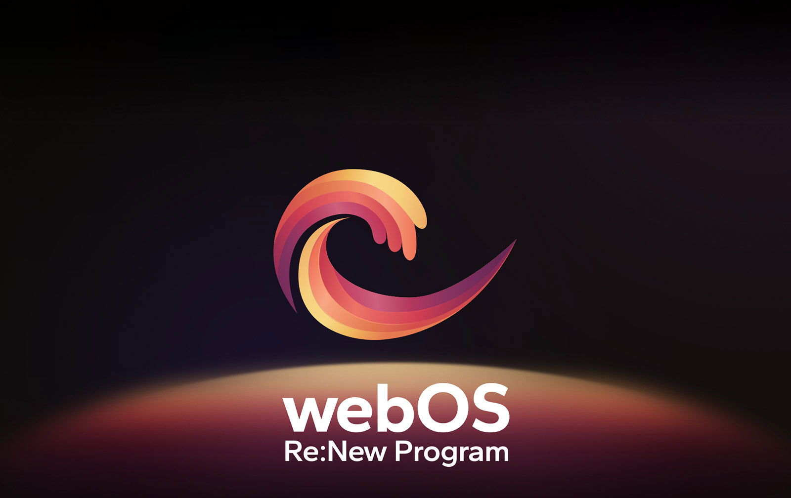 Una imagen del logotipo de webOS Re:Nuevo Programa sobre un fondo negro con amarillo y naranja con  una esfera circular  violeta en la parte inferior.