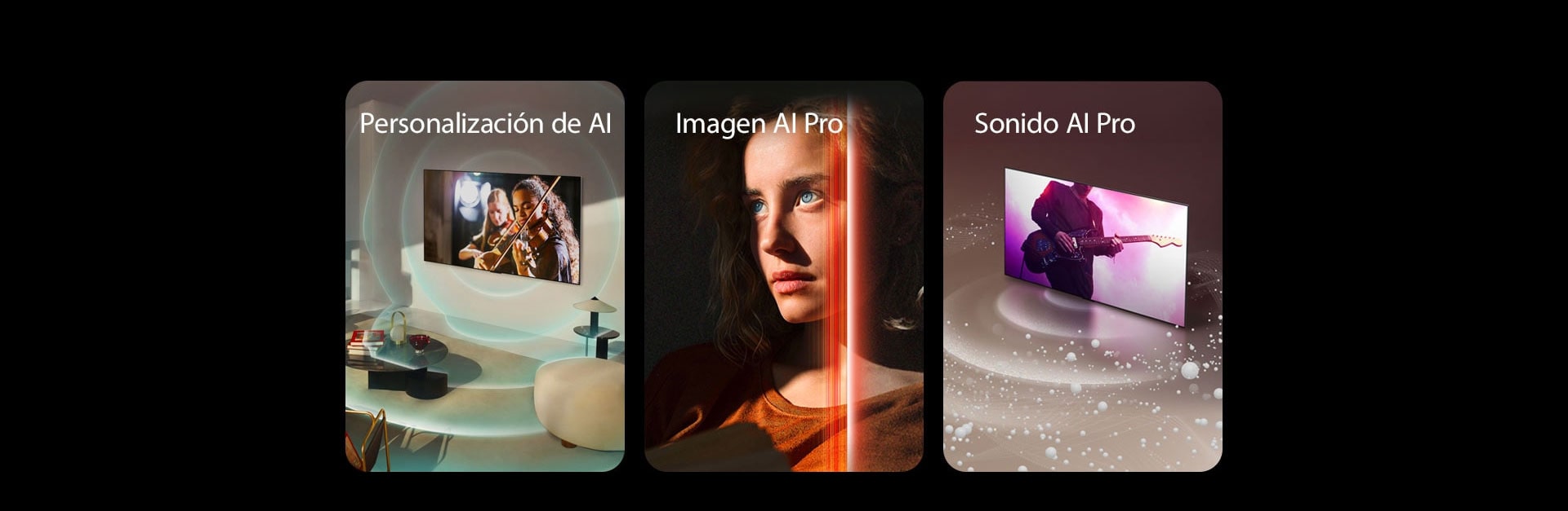Una imagen de un LG OLED en un espacio moderno que muestra una actuación musical en la pantalla. Ondas circulares azules que representan personalización rodean el televisor y el espacio. Una imagen de una mujer con ojos azules y un top naranja en un espacio oscuro. Las líneas rojas que representan los refinamientos de la AI cubren parte de su rostro, que es brillante y detallado, mientras que el resto de la imagen parece aburrido. Una imagen de un televisor LG OLED mientras burbujas y ondas sonoras se emiten desde la pantalla y llenan el espacio.