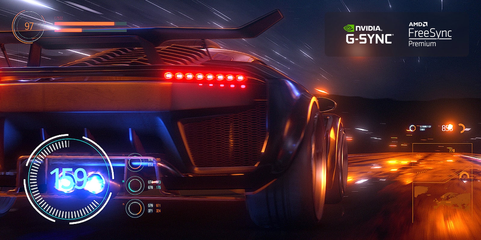 Una escena borrosa de un coche que circula a gran velocidad en un juego de carreras, con un gráfico de velocímetro superpuesto. La escena está refinada, lo que da como resultado una acción fluida y clara. Logotipo de NVIDIA G-SYNC y logotipo de FreeSync Premium en la esquina superior derecha.
