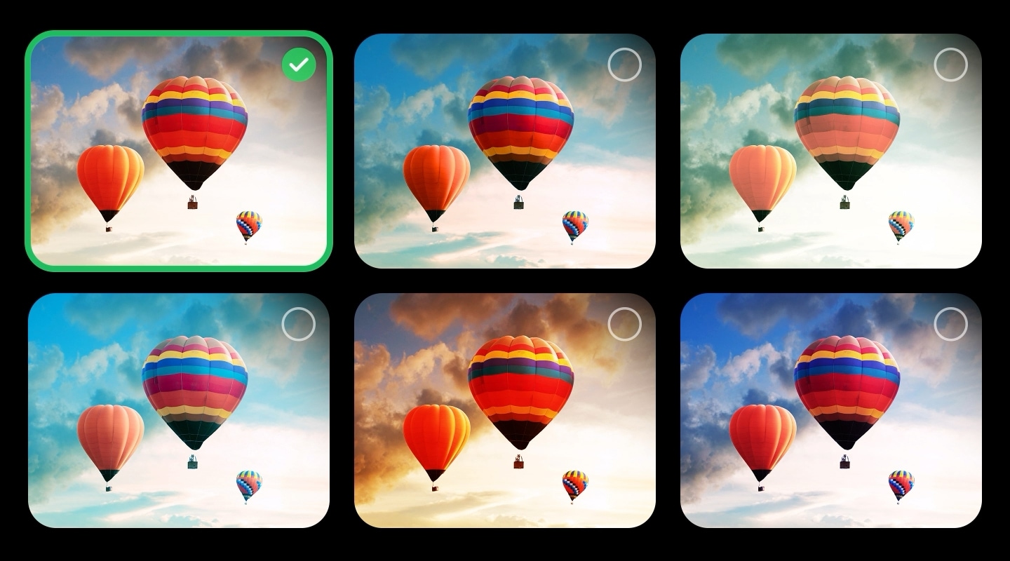 Un video que muestra una galería con 6 imágenes de globos aerostáticos en el cielo con diferente contraste, brillo, color, etc. Dos imágenes son seleccionadas. Después aparece una galería con seis imágenes de personas haciendo burbujas. Se seleccionan dos más. Aparece una pantalla negra con un ícono de carga rosa y morado. Aparece una imagen de un paisaje místico y los refinamientos aparecen gradualmente de izquierda a derecha, revelando las imágenes ideales.