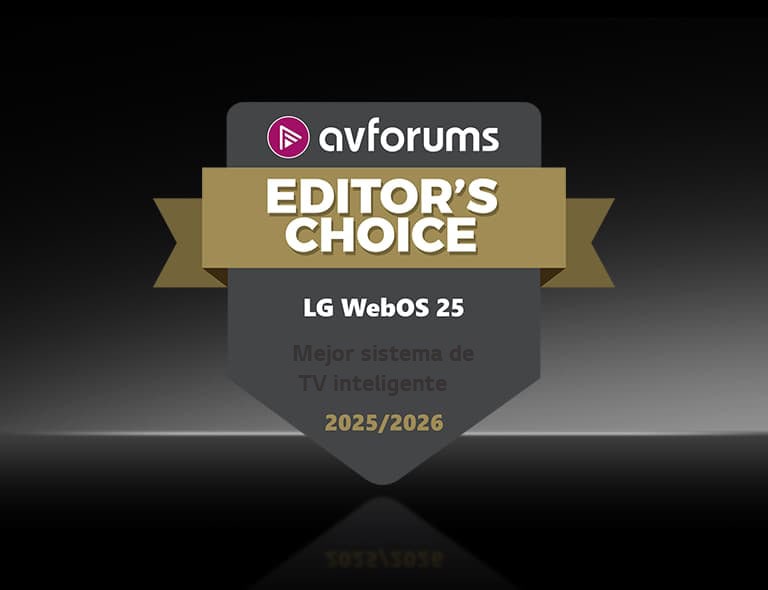 La insignia Editor's Choice de AVForums aparece sobre un fondo oscuro con el nombre LG webOS 25, nombrado Mejor sistema de TV inteligente 2025/2026.