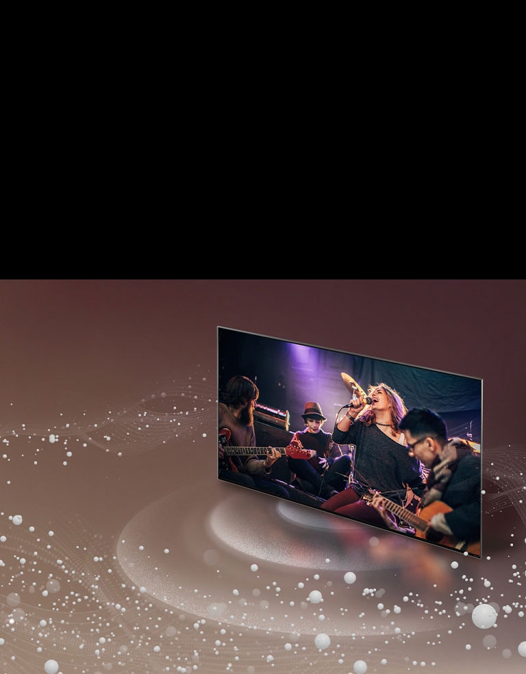 Uma imagem de bolhas e ondas sonoras saindo da tela de uma TV da LG e preenchendo o espaço.
