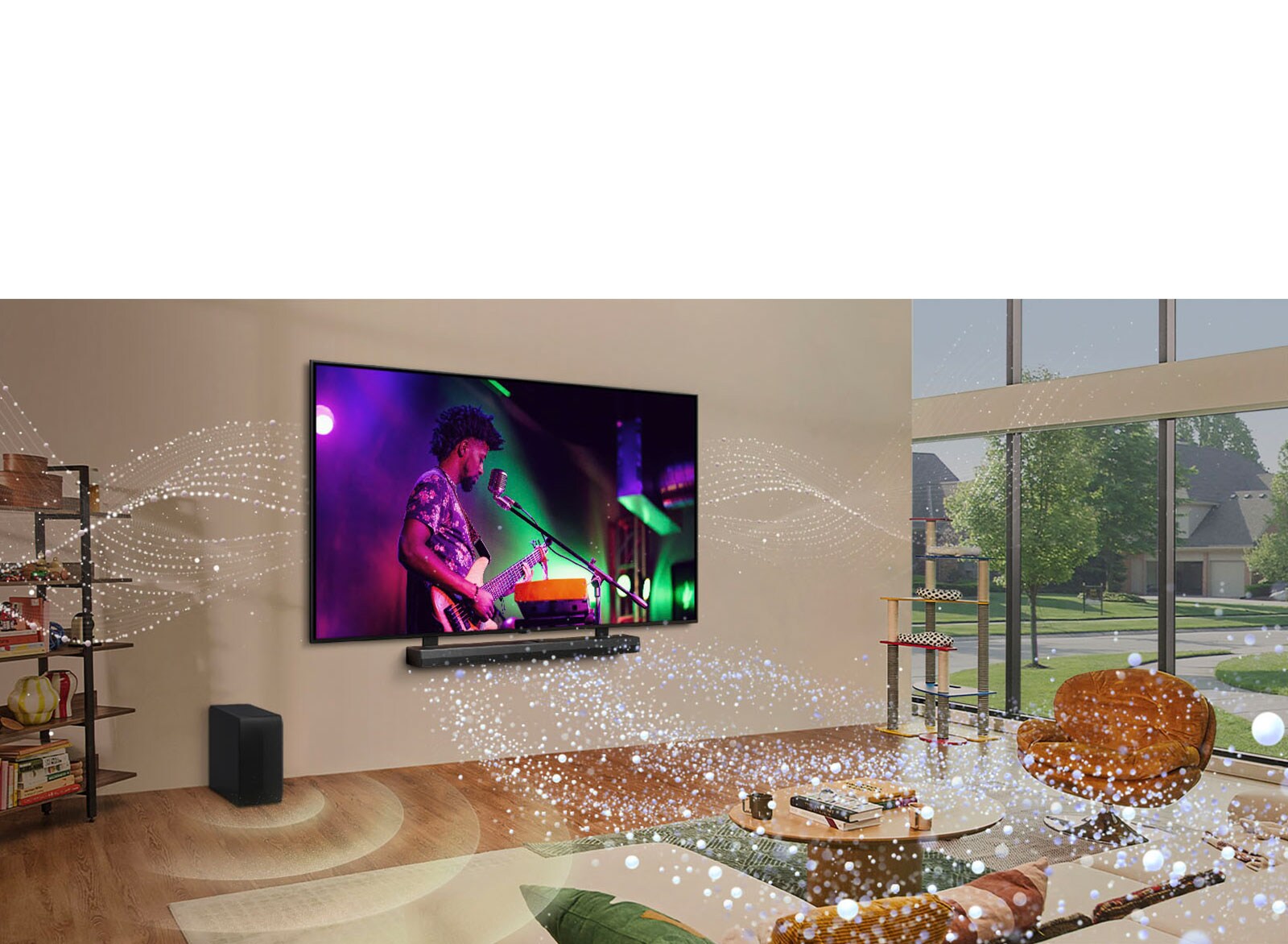 Uma imagem da TV da LG e uma soundbar instaladas na parede de uma sala de estar com gráficos de formas brilhantes ao redor da sala.