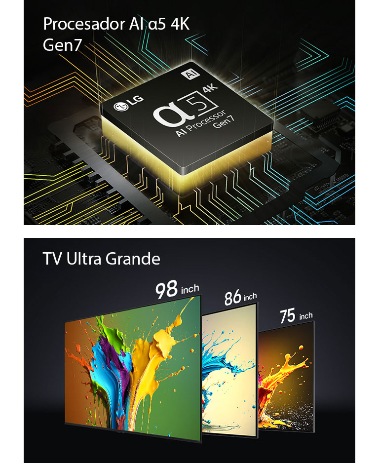 Duas imagens quadradas são exibidas em uma fileira horizontal. Na primeira imagem à esquerda, o chip do Processador alpha 5 AI 4K Gen 7 é mostrado com uma luz amarela emanando de baixo. Na segunda imagem à direita, as TVs LG QNED89, QNED90 e QNED99 são mostradas em ordem da esquerda para a direita. Cada TV mostra respingos de cores e as palavras "TV Ultra Grande" são exibidas acima das TVs.