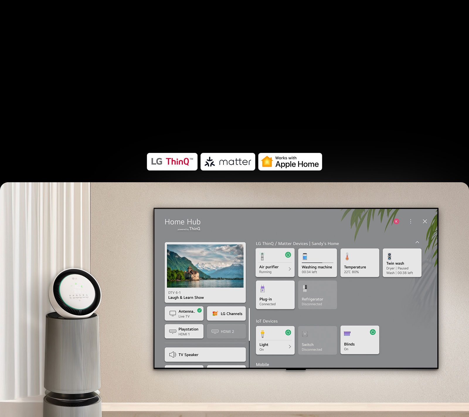 un  logotipo de LG ThinQ™, Matter y Apple Home. Un televisor LG montado en una pared y un LG PuriCare™ Objet Collection 360° a la izquierda. El televisor muestra Home Hub y el cursor hace clic en "Purificador de aire" y se activa LG PuriCare™ Objet Collection 360°.
