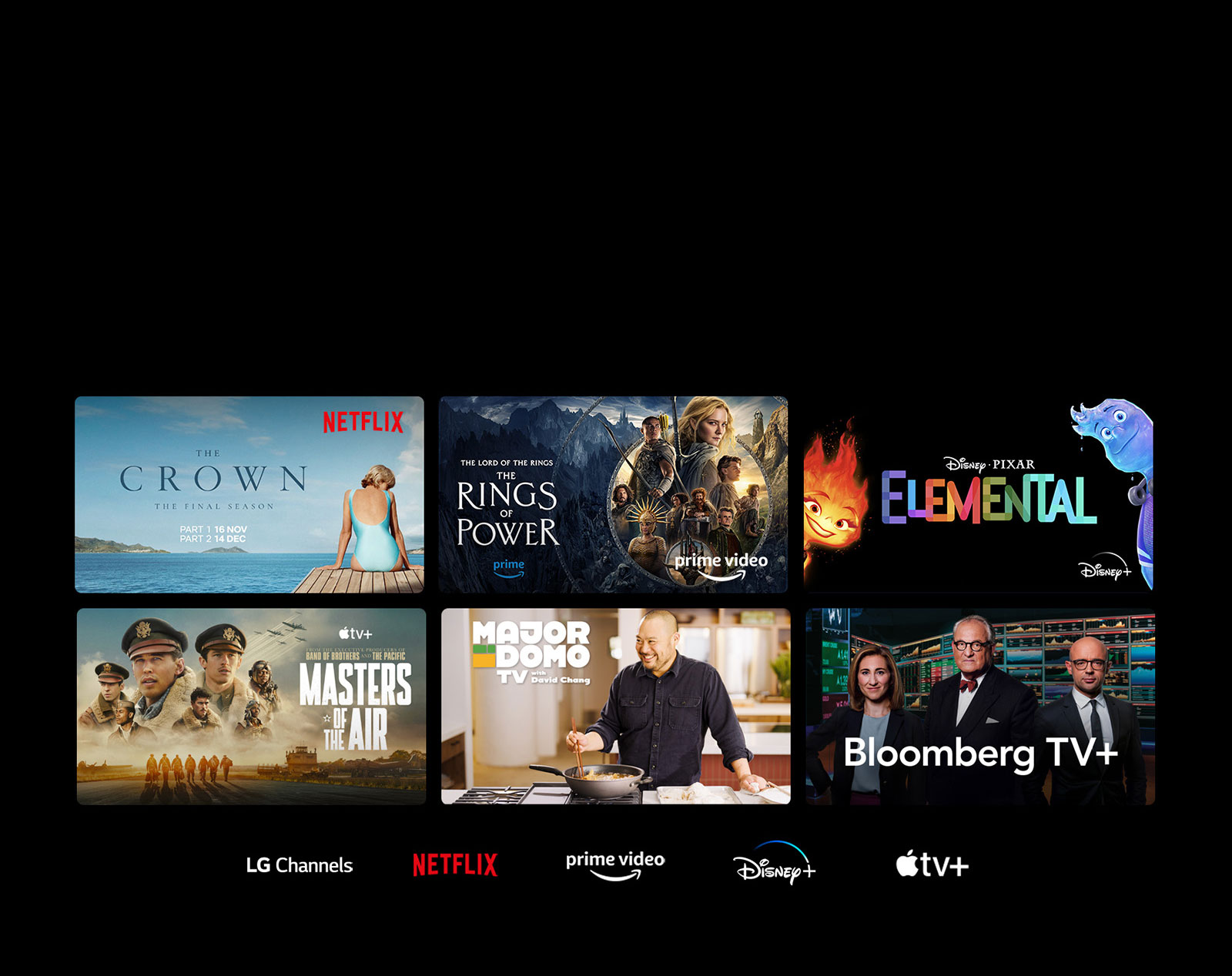 Se muestran seis miniaturas de películas y programas de televisión y los logotipos de los canales LG, Netflix, Prime Video, Disney+ y Apple TV+ se encuentran debajo
