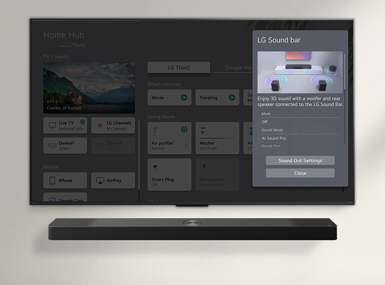 La LG Soundbar está debajo de una LG QNED TV. En la pantalla de la TV se muestra la interfaz de usuario de control de volumen de la Soundbar y la TV.