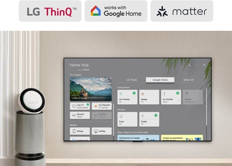 El control remoto de la televisión frente a una pantalla de LG TV con Home Hub. Se muestran todas las funciones y los controles respecto a otros dispositivos inteligentes. 