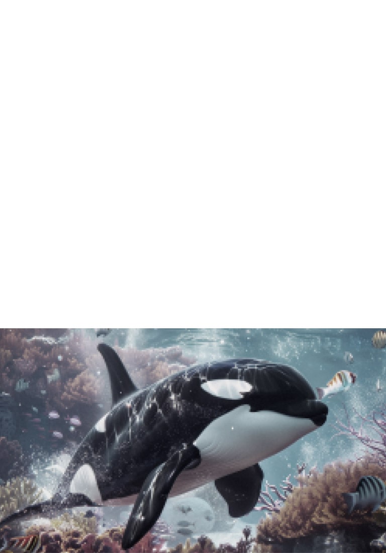 LG QNED evo AI QNED80 Mini LED con 4K Super Upscaling muestra una orca nadando sobre un arrecife de coral y peces, ya que la IA mejora cada cuadro hacia la calidad 4K, luego se aleja para revelar a un niño observando de cerca, sumergido en los vívidos detalles.