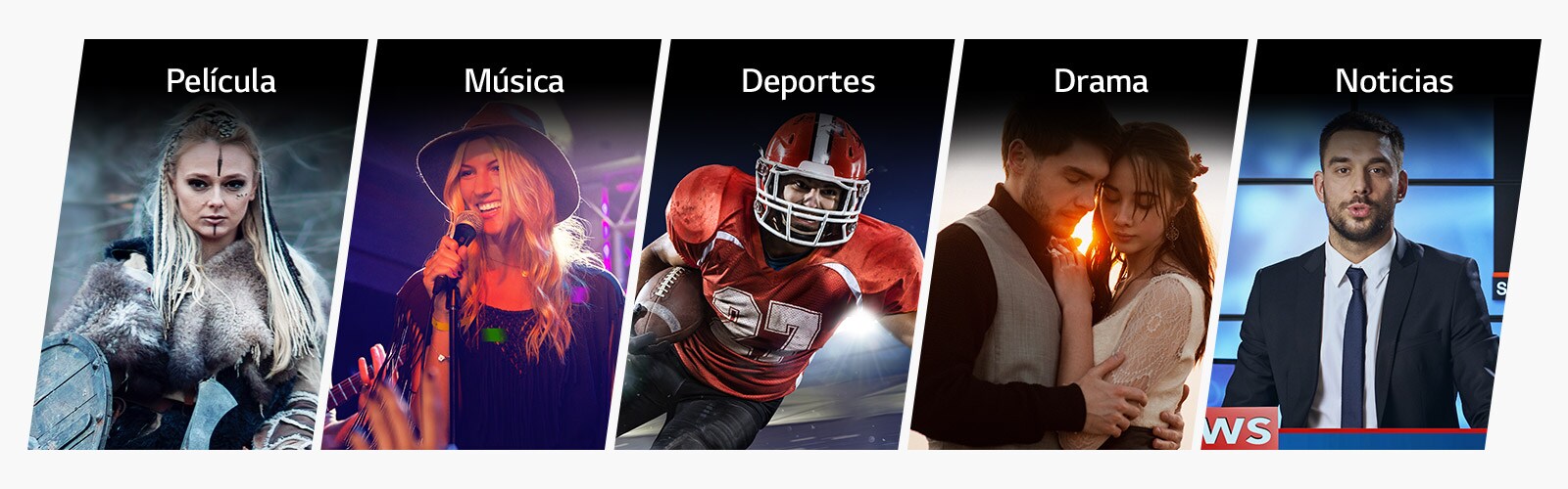 Cinco intertítulos verticales para películas, música, deportes, drama y noticias