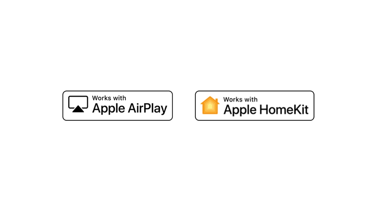 Detalles que muestran logotipos de Hey Google, Alexa, Apple Airplay y Apple HomeKit en los que ThinQ AI es compatible.